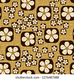 Background consisting of a pseudo-convex lattice. Seamless pattern. Flowers enclosed in oval squares. The colors of gold. 