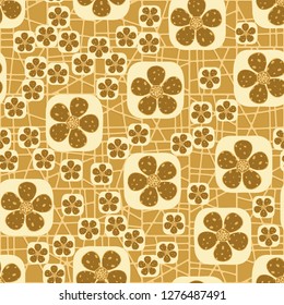 Background consisting of a pseudo-convex lattice. Seamless pattern. Flowers enclosed in oval squares. The colors of gold. 