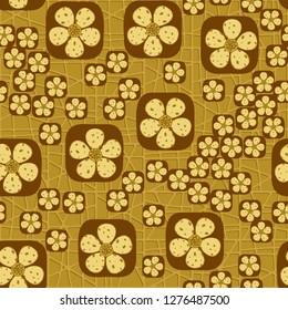Background consisting of a pseudo-convex lattice. Seamless pattern. Flowers enclosed in oval squares. The colors of gold. 