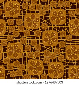 Background consisting of a pseudo-convex lattice. Seamless pattern. Flowers enclosed in oval squares. The colors of gold. 