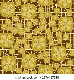 Background consisting of a pseudo-convex lattice. Seamless pattern. Flowers enclosed in oval squares. The colors of gold. 