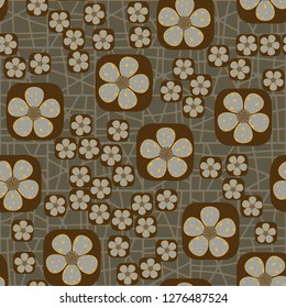 Background consisting of a pseudo-convex lattice. Seamless pattern. Flowers enclosed in oval squares. The colors of gold. 