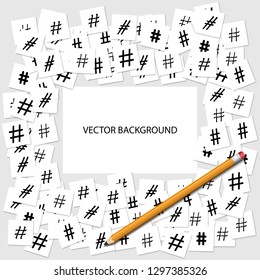 Background consisting of scattered hashtag icons. The pencil lies on the hashtag icons. Banner for business and advertising. Elements are located on a white background. Place for text in the middle.