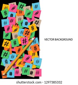 Background consisting of scattered hashtag icons.The pencil lies on the hashtag icons.Banner for business and advertising. Elements are located on a black and white background.Plenty of room for text.