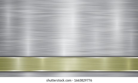 Background consisting of a silver shiny metallic surface and one horizontal polished golden plate located below, with a metal texture, glares and burnished edges