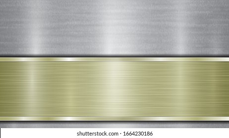Background consisting of a silver shiny metallic surface and one horizontal polished golden plate located below, with a metal texture, glares and burnished edges
