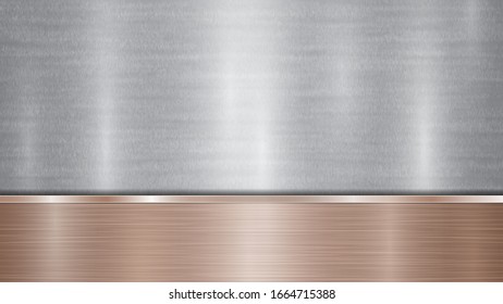 Background consisting of a silver shiny metallic surface and one horizontal polished bronze plate located below, with a metal texture, glares and burnished edges