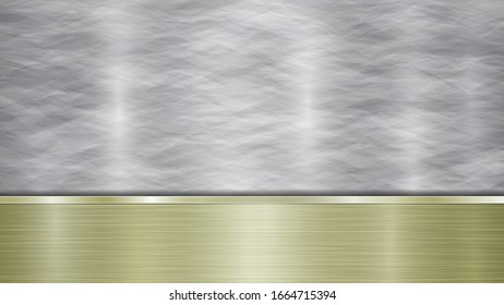 Background consisting of a silver shiny metallic surface and one horizontal polished golden plate located below, with a metal texture, glares and burnished edges