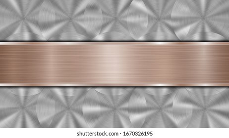 Background consisting of a silver shiny metallic surface and one horizontal polished bronze plate located centrally, with a metal texture, glares and burnished edges