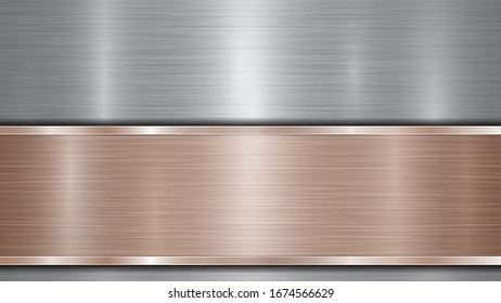Background consisting of a silver shiny metallic surface and one horizontal polished bronze plate located below, with a metal texture, glares and burnished edges