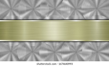 Background consisting of a silver shiny metallic surface and one horizontal polished golden plate located centrally, with a metal texture, glares and burnished edges