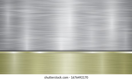 Background consisting of a silver shiny metallic surface and one horizontal polished golden plate located below, with a metal texture, glares and burnished edges