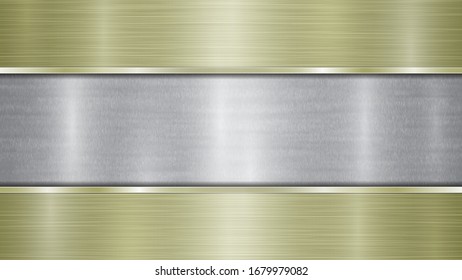 Background consisting of a silver shiny metallic surface and two horizontal polished golden plates located above and below, with a metal texture, glares and burnished edges