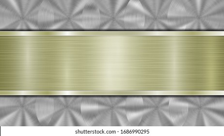 Fondo formado por una superficie metálica brillante plateada y una plancha dorada pulida horizontal situada en el centro, con una textura metálica, bombillas y bordes quemados