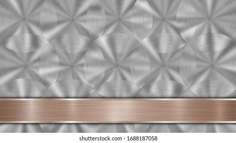 Background consisting of a silver shiny metallic surface and one horizontal polished bronze plate located below, with a metal texture, glares and burnished edges