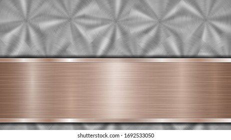 Background consisting of a silver shiny metallic surface and one horizontal polished bronze plate located below, with a metal texture, glares and burnished edges