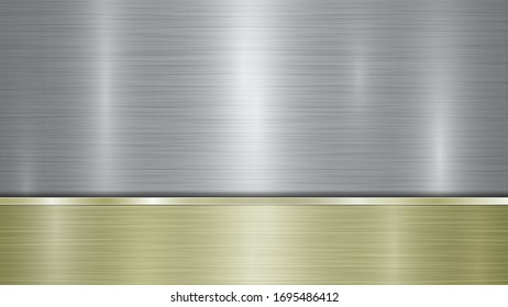Fondo formado por una superficie metálica brillante plateada y una plancha dorada pulida horizontal situada más abajo, con una textura metálica, bombillas y bordes quemados