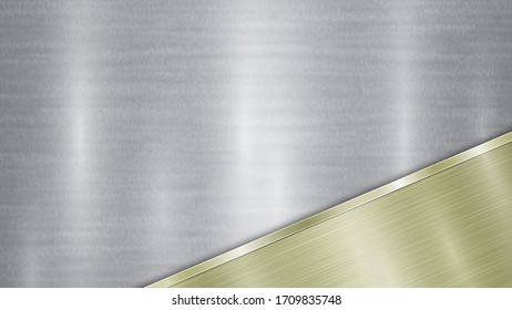 Background consisting of a silver shiny metallic surface and one polished golden plate located in corner, with a metal texture, glares and burnished edge