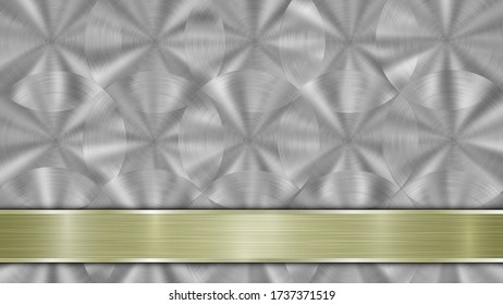 Background consisting of a silver shiny metallic surface and one horizontal polished golden plate located below, with a metal texture, glares and burnished edges