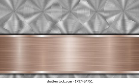 Background consisting of a silver shiny metallic surface and one horizontal polished bronze plate located below, with a metal texture, glares and burnished edges