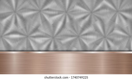 Fondo formado por una superficie metálica brillante plateada y una placa de bronce pulido horizontal situada más abajo, con textura metálica, bombillas y bordes quemados