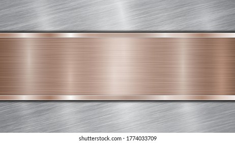 Fondo formado por una superficie metálica brillante plateada y una placa de bronce pulido horizontal situada en el centro, con textura metálica, bombillas y bordes quemados