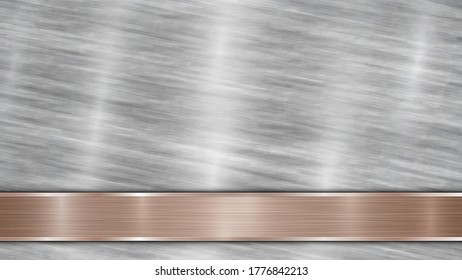 Background consisting of a silver shiny metallic surface and one horizontal polished bronze plate located below, with a metal texture, glares and burnished edges