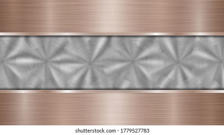 Background consisting of a silver shiny metallic surface and two horizontal polished bronze plates located above and below, with a metal texture, glares and burnished edges