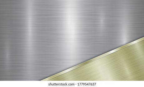 Hintergrund bestehend aus einer silberglänzenden metallischen Oberfläche und einer polierten goldfarbenen Platte in einer Ecke, mit einer Metallstruktur, Glasuren und einer verbrannten Kante