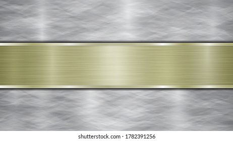 Background consisting of a silver shiny metallic surface and one horizontal polished golden plate located centrally, with a metal texture, glares and burnished edges