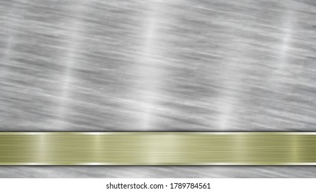 Background consisting of a silver shiny metallic surface and one horizontal polished golden plate located below, with a metal texture, glares and burnished edges