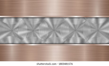 Fondo formado por una superficie metálica brillante de plata y dos placas horizontales de bronce pulidas situadas por encima y por debajo, con una textura metálica, bombillas y bordes quemados