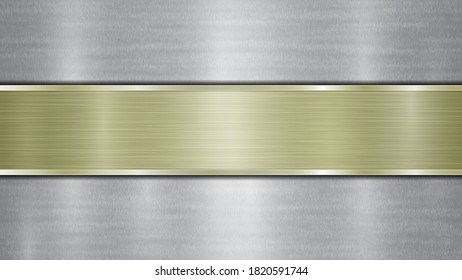 Background consisting of a silver shiny metallic surface and one horizontal polished golden plate located centrally, with a metal texture, glares and burnished edges