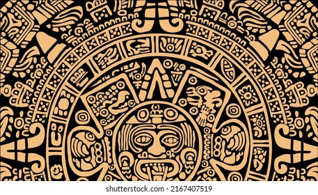 Background consisting of symbols of the Mayan calendar.
The Aztecs, Mayans, Incas.
The Mayan alphabet.Ancient signs of America on a black background.

