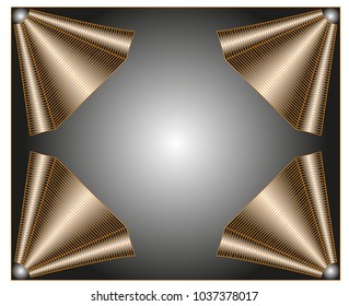 The background consists of four objects at the corners of a rectangle drawn from colored lines on a black background with a white center
