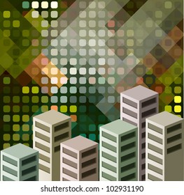 The background consists of isometric vector houses