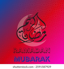 Background consists of red, blue, and dark pink tones. The Arabic calligraphy for "Ramadan" remains in black, maintaining elegance.The words "RAMADAN MUBARAK" are written in black and blue, 