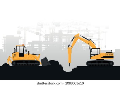 Background with construction work and heavy machinery of crawler loader and hammer excavator with gray background