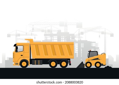 Background construction work with heavy machinery of skid steers and trucks on gray background