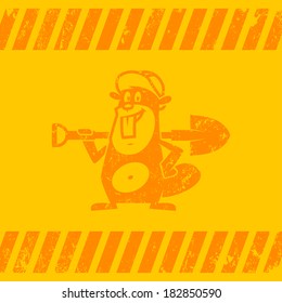 Background construction zone beaver holds shovel