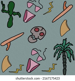 Background contains skull,surfboard,bikini,fin,plam tree and cactus