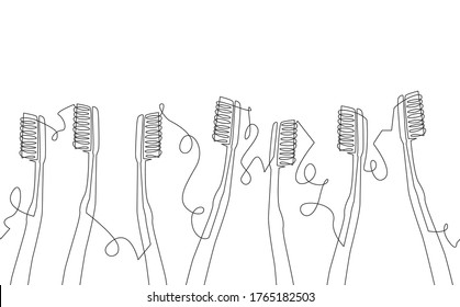 Background with Continuous line Drawing Toothbrushes and Space for Text. Seamless Vector Pattern. Can be used for create a poster, banner, packaging, home decor, advertising or other design work.