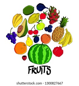 Background contour consisting  fruit icons arranged in a circle