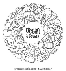 Background contour consisting of vegetables and fruit icons arranged in a circle