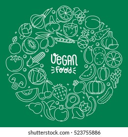 Background contour consisting of vegetables and fruit icons arranged in a circle