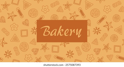 Background with contour images of pastries, cookies, cakes, and a stylish Bakery inscription.