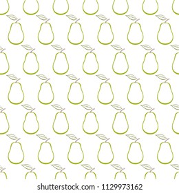Background with contour of ripe green pear with green stem with brown end and green leaf in row next to each other and alternately under him on white background. Ripe autumn natural home made fruit 