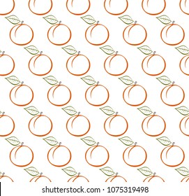 Background with contour of ripe orange peach with green stem with brown end and green leaf in row next to each other and alternately under him on white background. Ripe autumn natural home made fruit