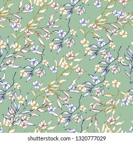 Background of contour spring flowers drawn in ink on a green background. Vintage texture for fabric, tile, wallpaper.