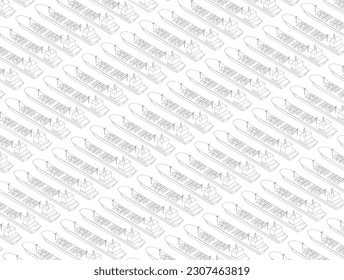 Background with the contours of many ships with containers from black lines isolated on a white background. Isometric view. Vector illustration.